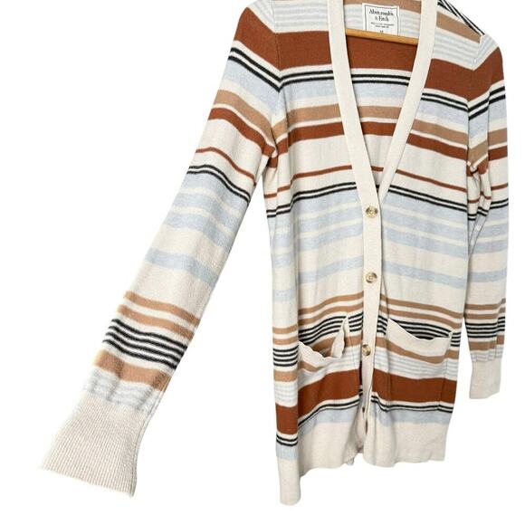 Abercrombie & Fitch Striped Cardigan Grandpacore Sweater‎ Brown Cream Blue, M - Picture 6 of 9